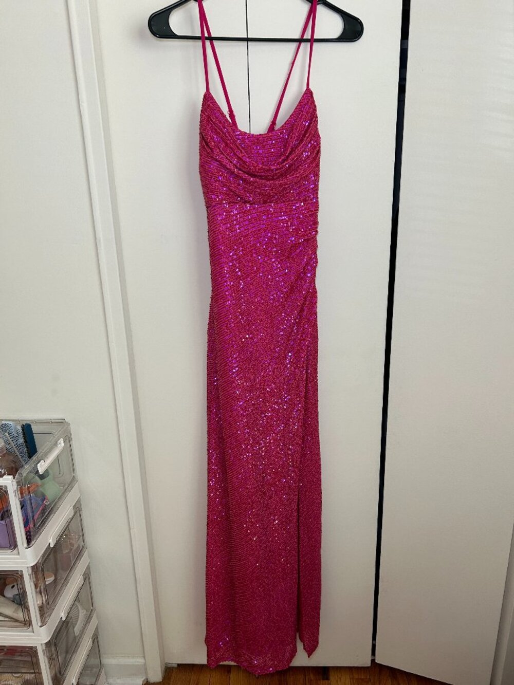 Morgan & Co -- floor length hot pink sequin prom dress, slit on left leg